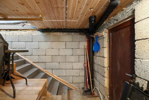 An unfinished basement undergoing structural renovation with bare wooden and concrete stairs against unpainted concrete block walls.