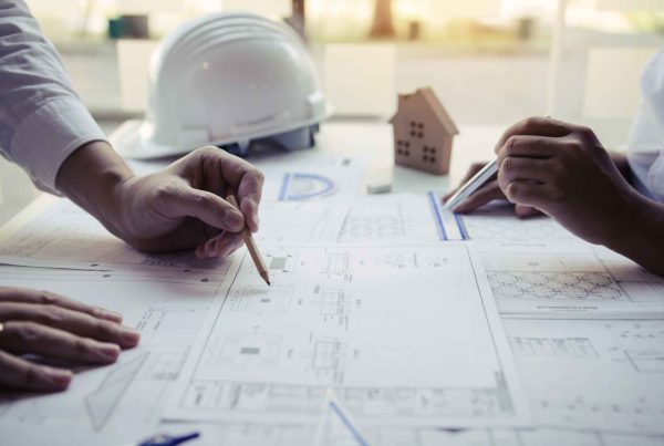 Side view of two hands working on engineering plans on a table beside a white hard hat.